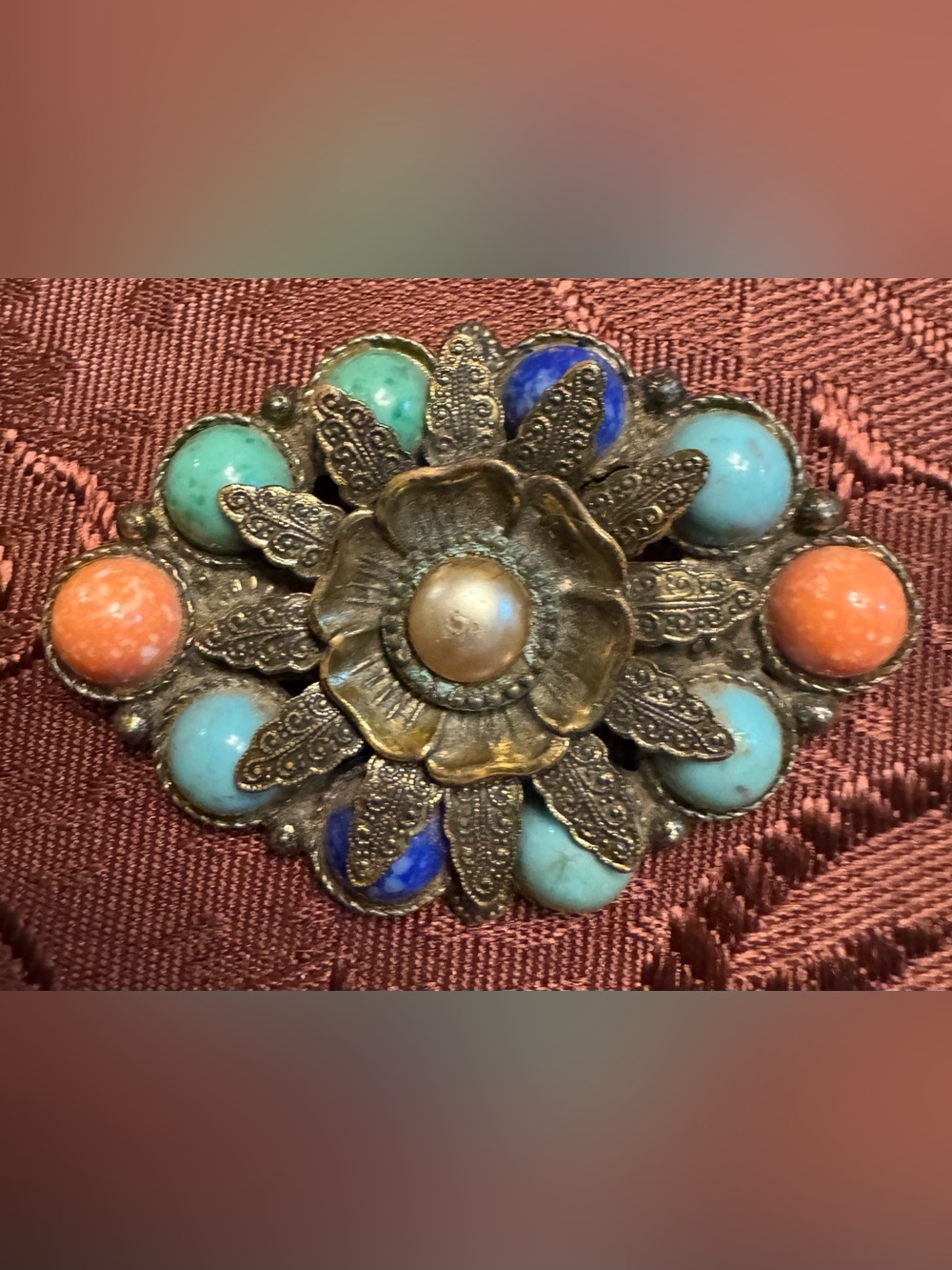 Vintage Brass Pewter Filigree Flower Brooch Art Deco Pearl MultiColor Floral Pin